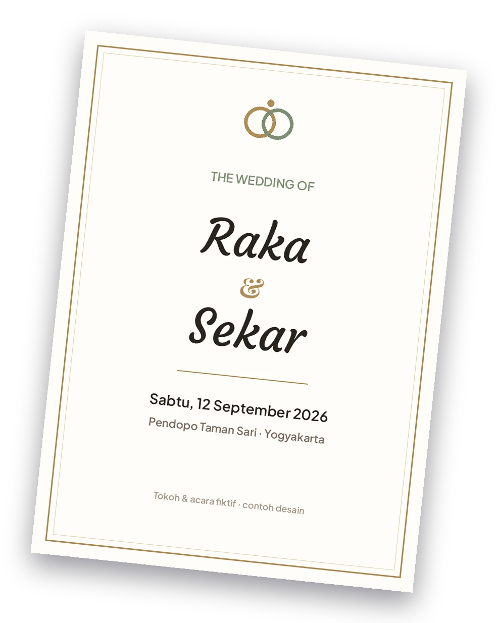 Contoh kartu undangan Raka & Sekar; nama fiktif